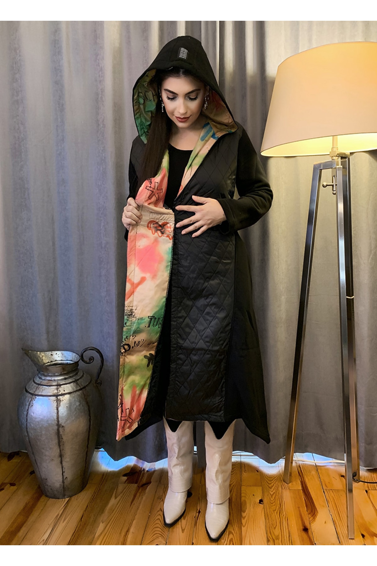 nurixa  Kapitone Detaylı Kapüşonlu Palto Mont - Görsel 2