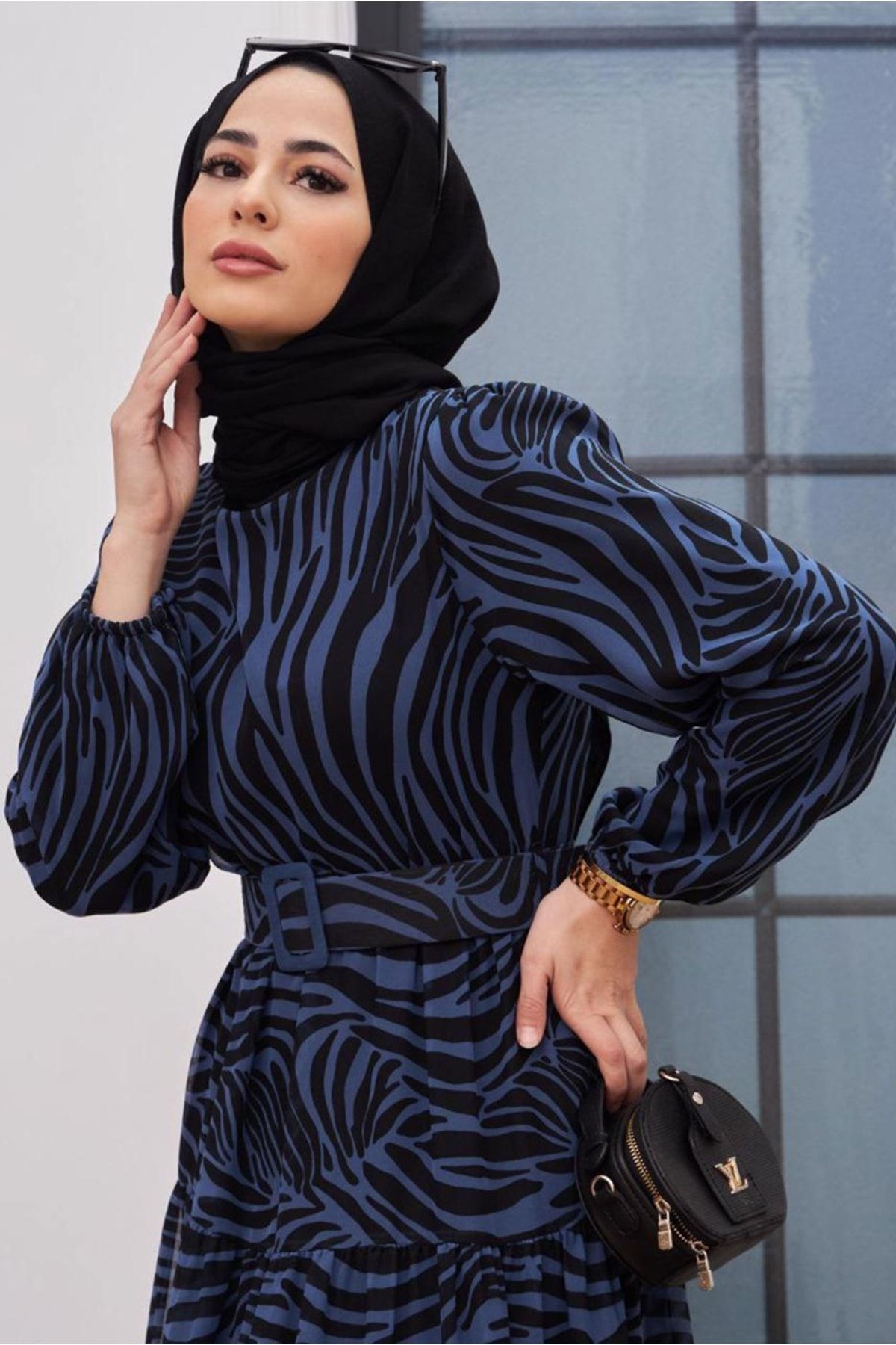 Kadın Lacivert Zebra Desenli Kemerli Elbise 50052