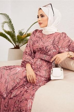 Kadın Pudra Kemerli Çiçekli Şifon Elbise 50051 22YELBTR50051