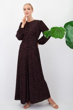 Kadın Siyah Nokta Desenli Düğmeli Uzun Kollu Viskon Elbise 0YAW0501746DW