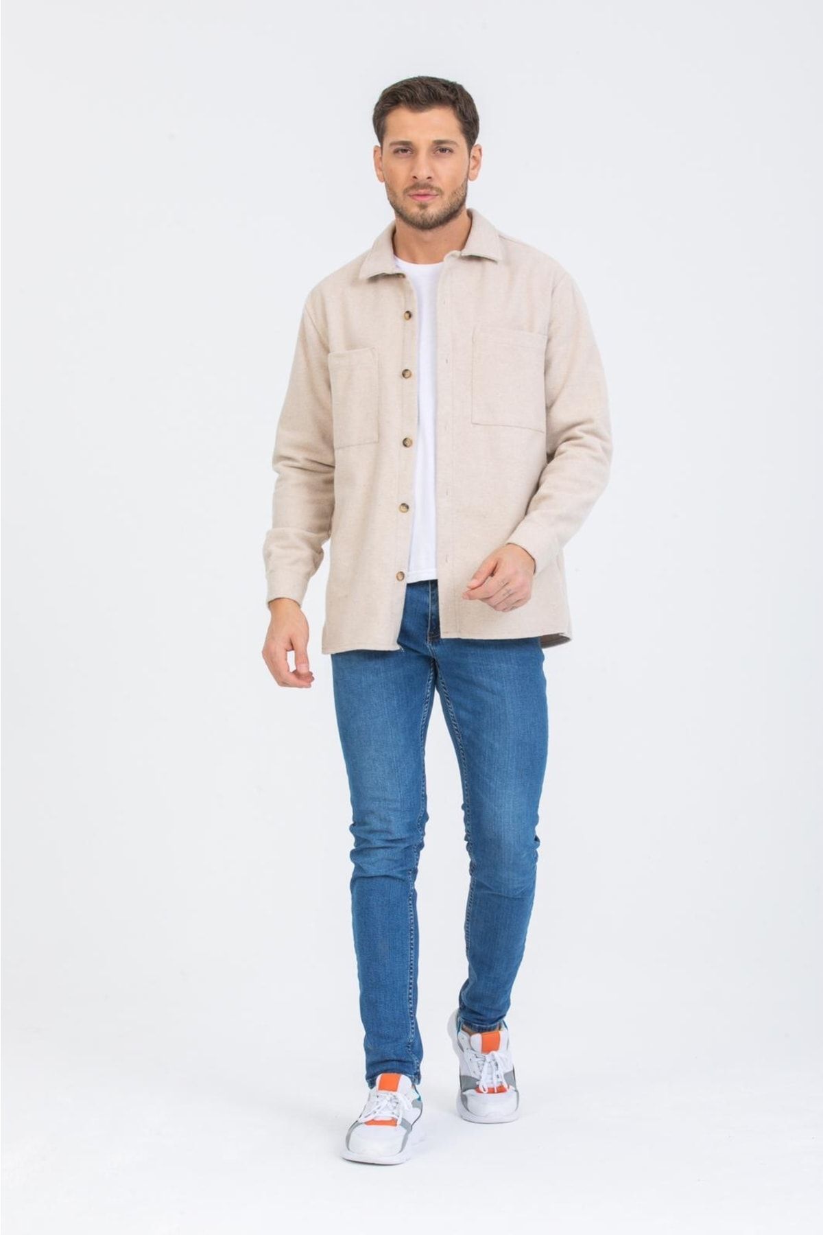 coder-Regular Fit Men's Double Pocket Beige Stamp Lumberjack Shirt 2