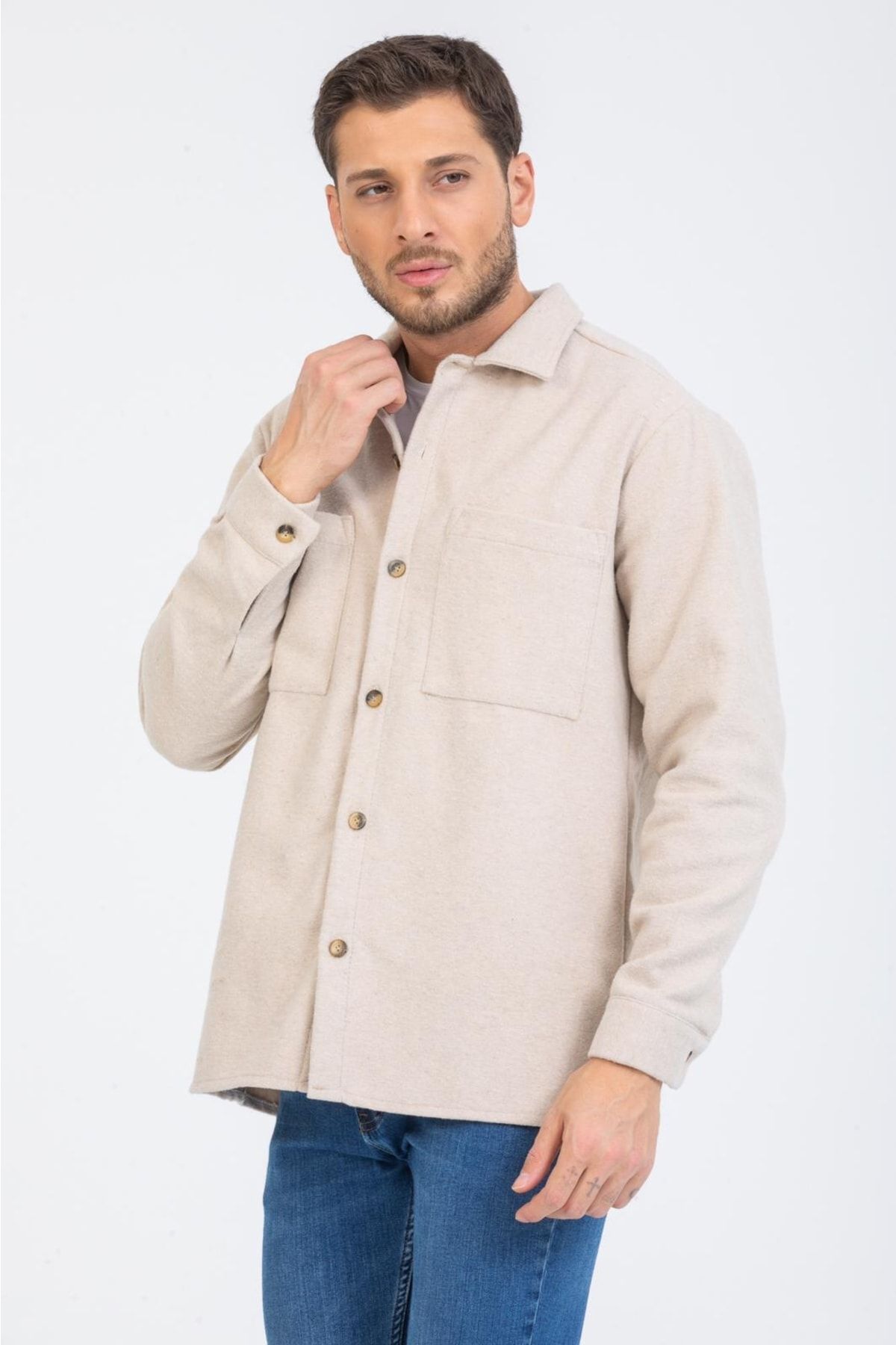 coder-Regular Fit Men's Double Pocket Beige Stamp Lumberjack Shirt 5