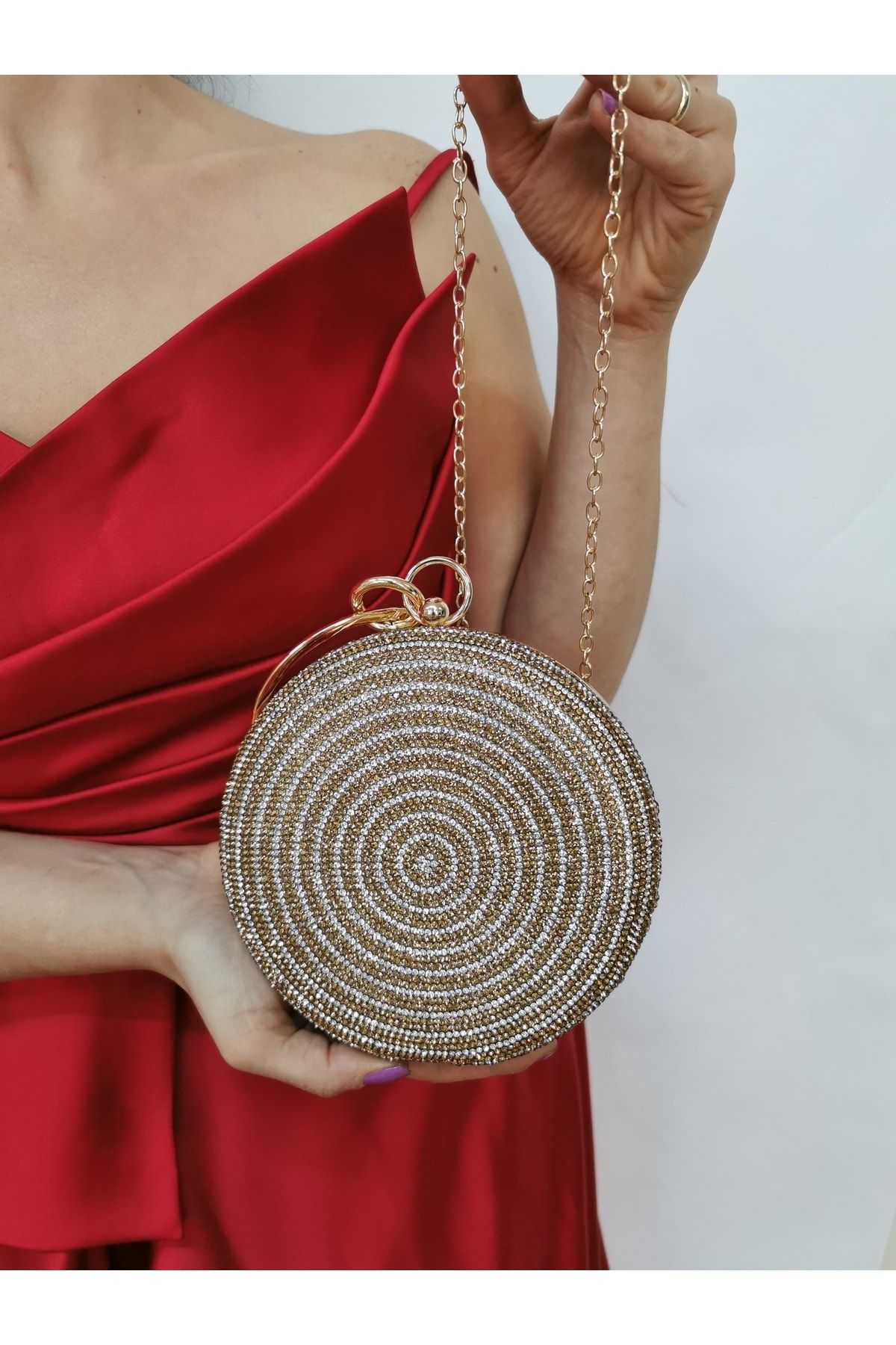 NAZART Women s Round Gold Evening Dress Clutch Portfolio Bag with Gold Stone Bracelet Accessories