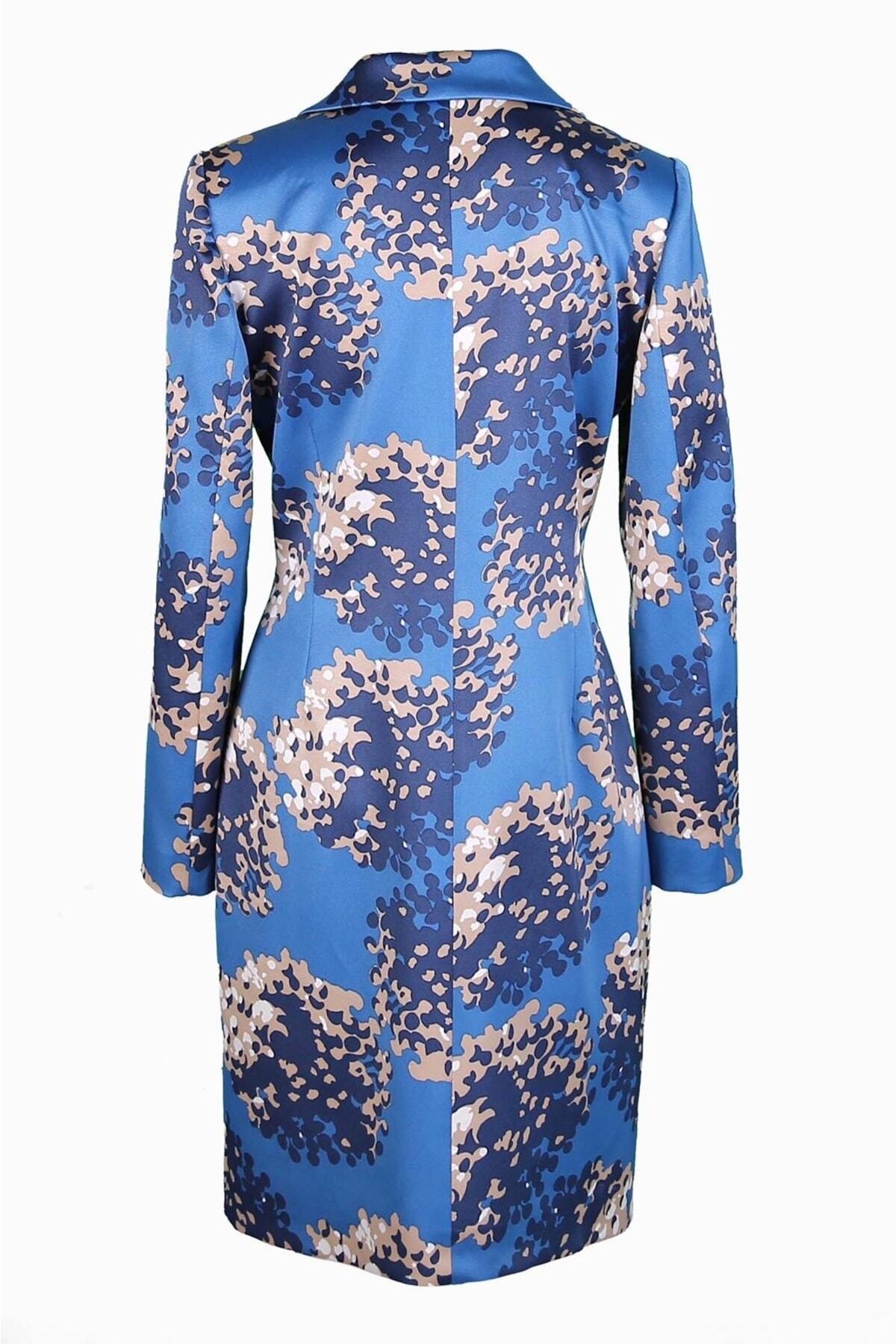 pimood  Clair Mavi Desenli Saten Kadın Manto - Görsel 2