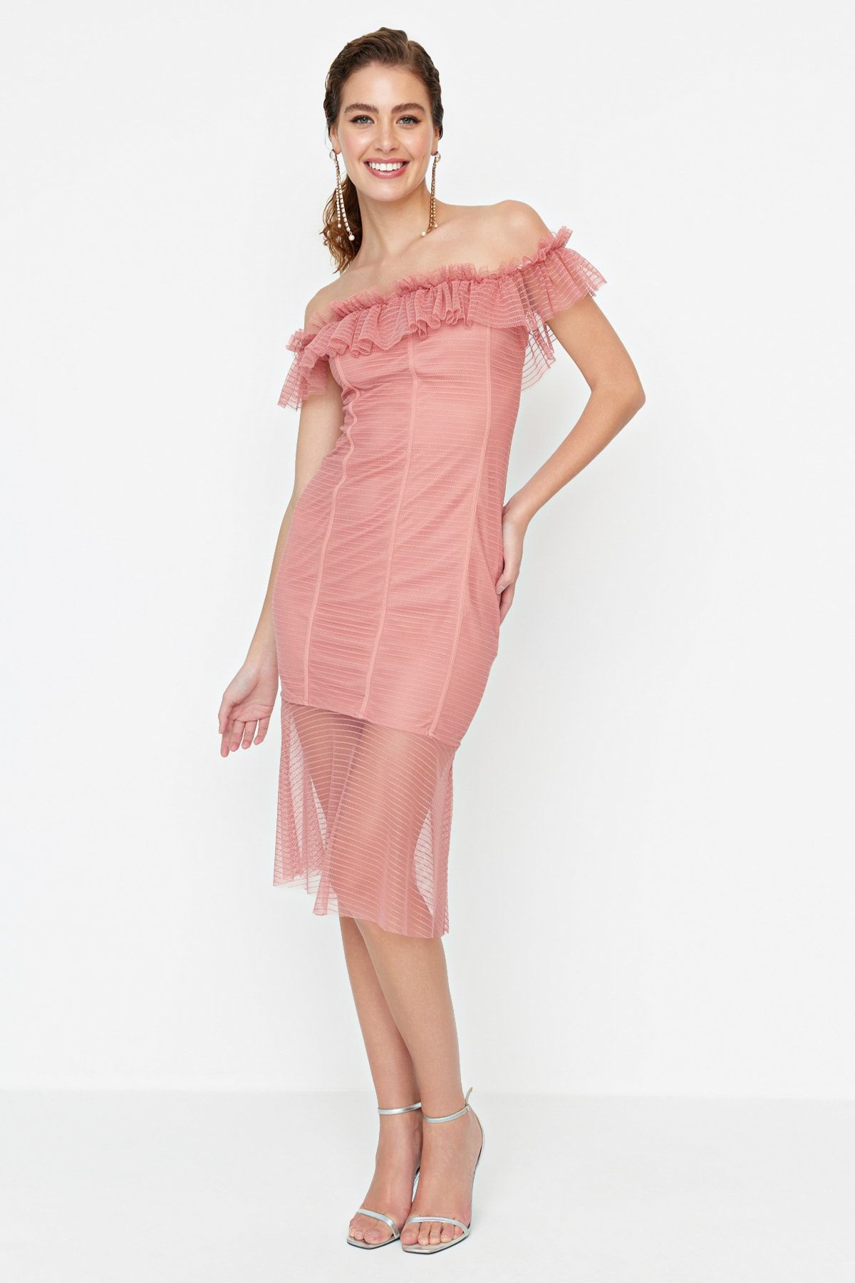 Trendyol Collection-Elegant Evening Dress with Dusty Rose Ruffle Detail TPRSS22EL3051 2