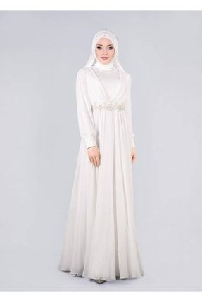 Kadın Krem Taşlı Beli Işlemeli Multi Şifon Abiye Elbise 5357 18YABLTR5357
