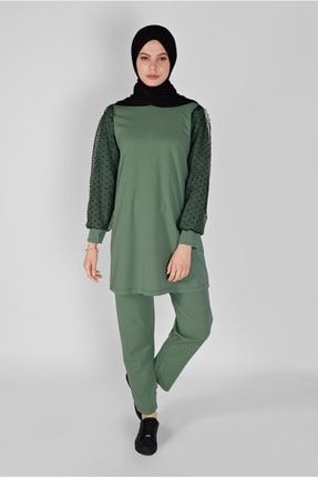 Kadın Yeşil (ÇAĞLA) Kolları Puantiyeli Tüllü Pantolonlu Takım 2856 21YTKPTR2856