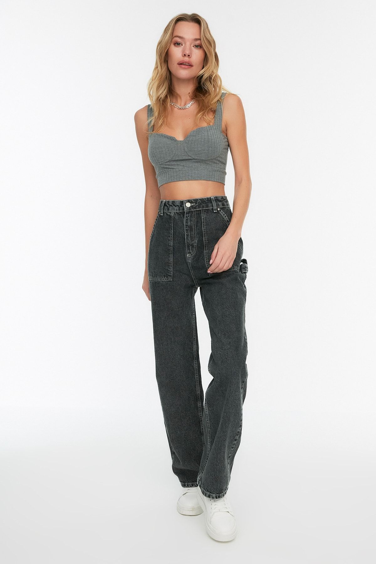 Trendyol Collection-Anthrazitfarbene High-Waist-Jeans mit weitem Bein und Taschendetail TWOAW22JE0595 3