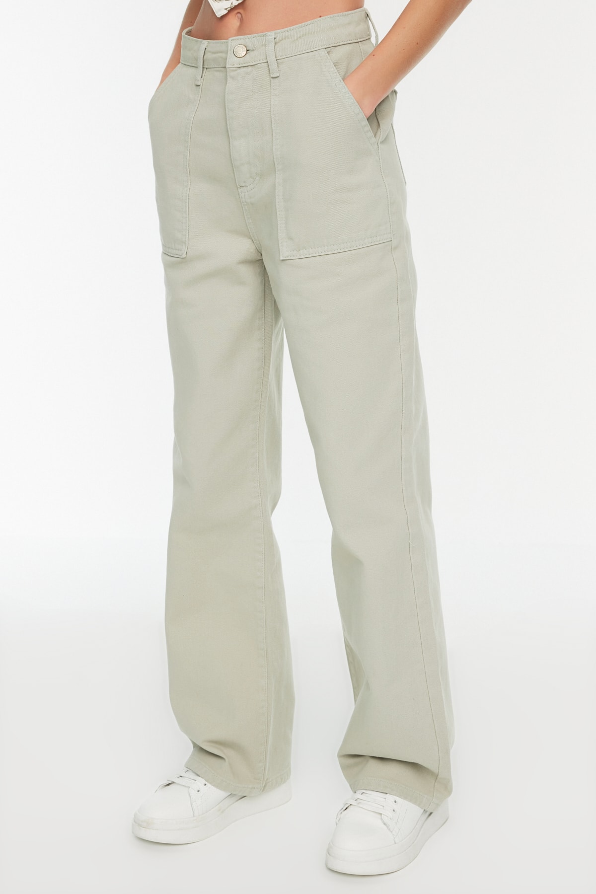 Trendyolmilla  Taş Cep Detaylı Yüksek Bel Wide Leg Geniş Paça %100 Pamuk Non-Stretch Jeans TWOAW22JE0595 - Görsel 3