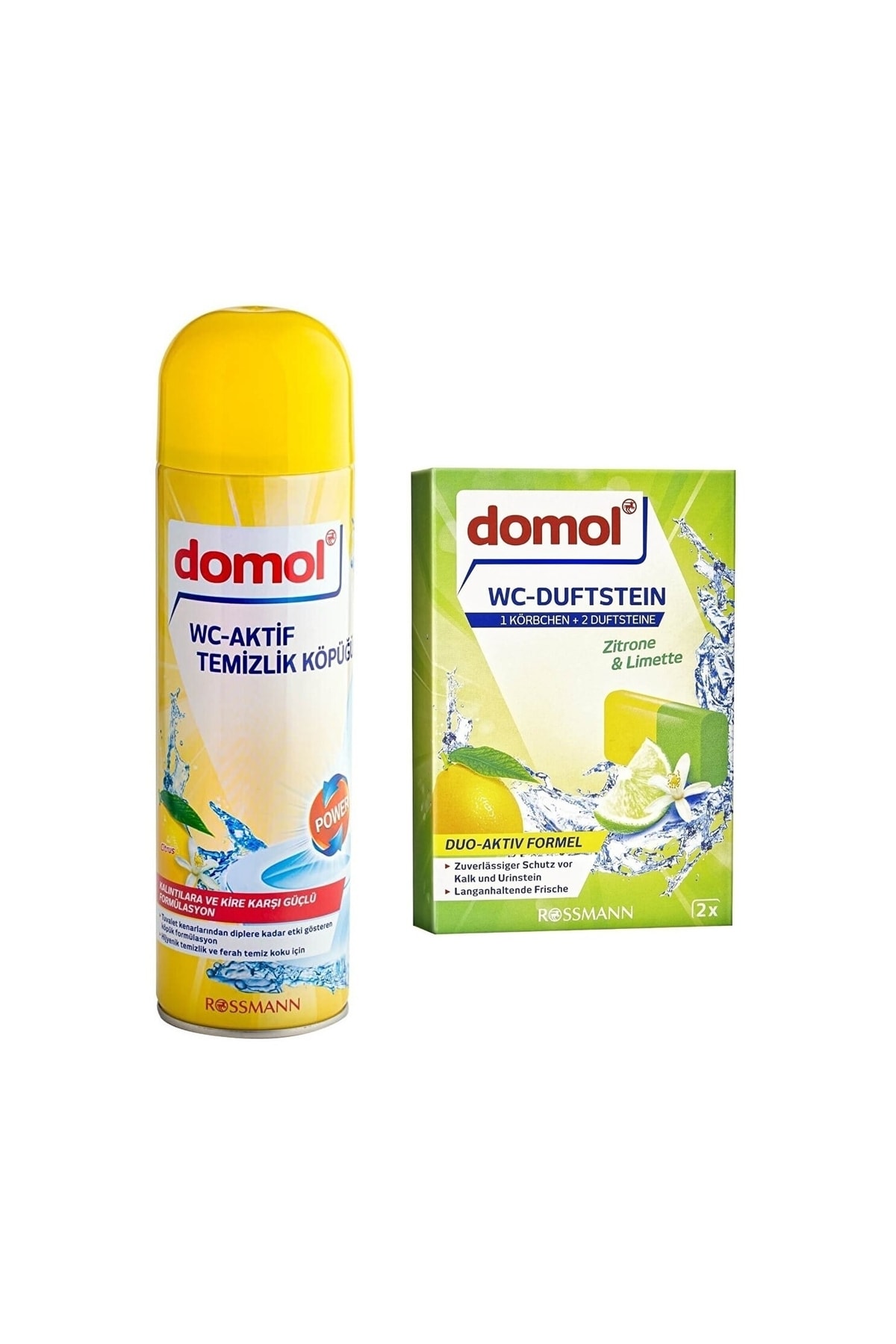 DOMOL Tuvalet Temizleme Köpüğü Limon 500 Ml + Wc Kokusu - Klozet Blok, Askı Aparatlı Limon, 2x40 G 80 G