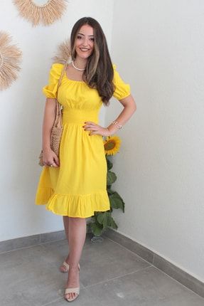 Kadın Sarı Beli Gipe Detay Fırfır Etek Midi Boy Elbise md56478