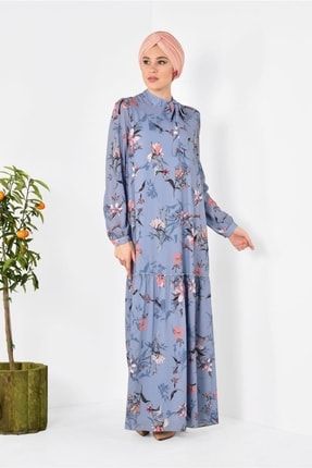 Kadın Mavi Bol Kesim Çiçek Desenli Elbise 4947 21YELBTR4947