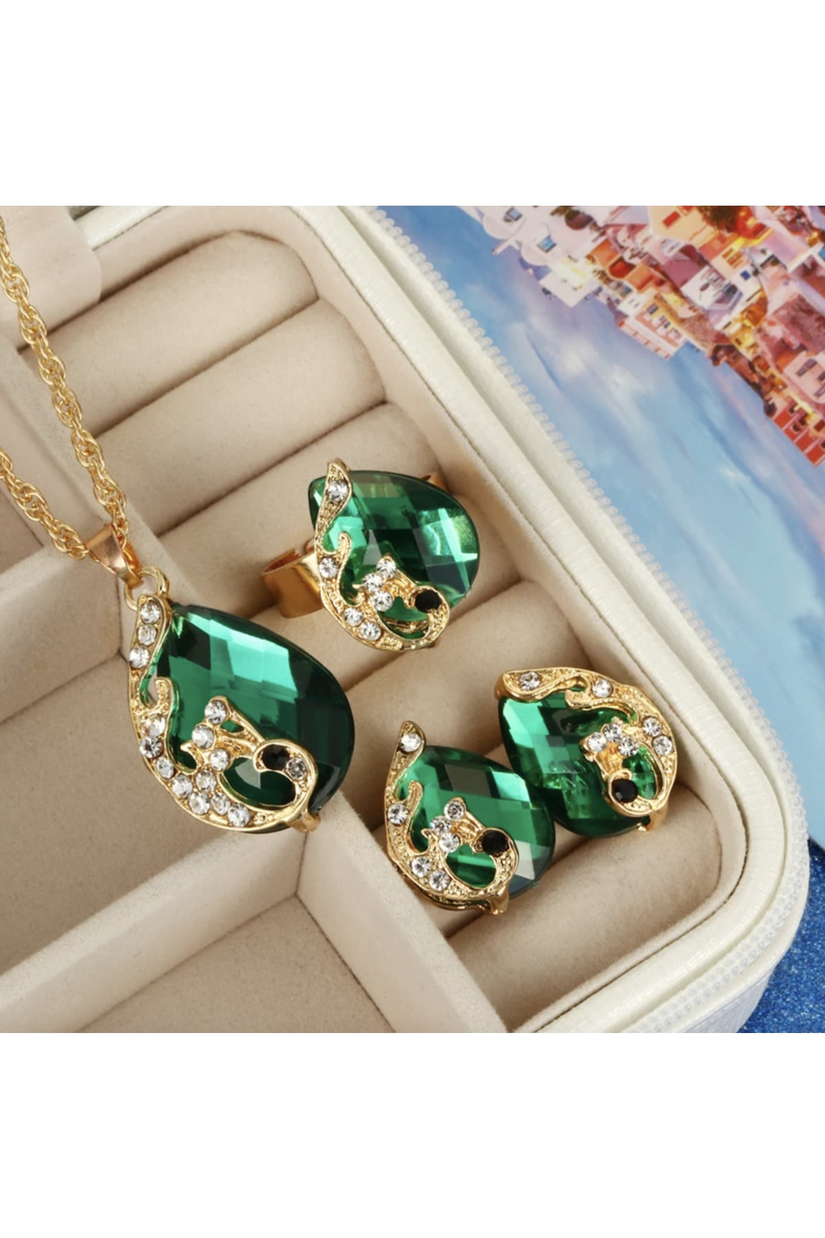 Takıtolia Victorian Afrika Kristal Zümrüt Yeşil Taşlı Su Damlası Kolye Küpe Yüzük Sevgililer Günü Hediye Seti