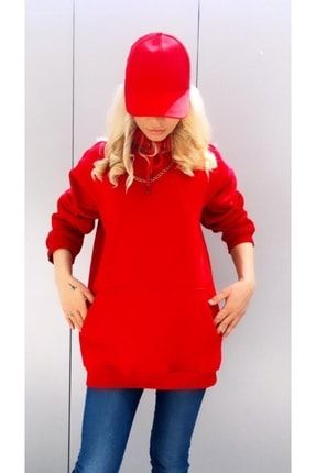 Kadın Kırmızı Kapüşonlu Kanguru Cepli Sweater 454557676