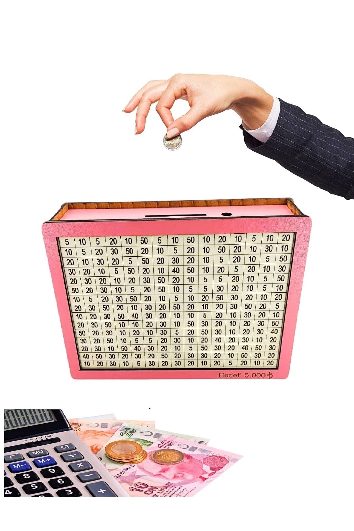 Parabox Hedef Kumbarası 5.000 Hedefli Para Biriktirme Kutusu Pembe Ahşap Kumbara