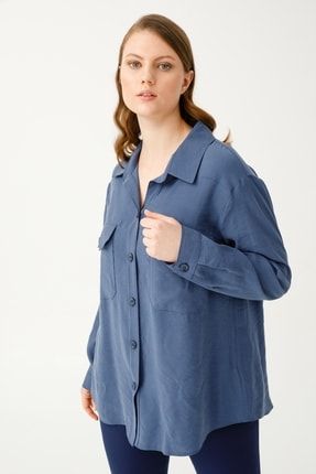 Gömlek Yaka Düğmeli Büyük Beden Uzun Kollu Indigo Kadın Tunik 22103906