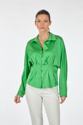 Düz Yaka Düğmeli Uzun Kollu Yeşil Kadın Bluz 22117209