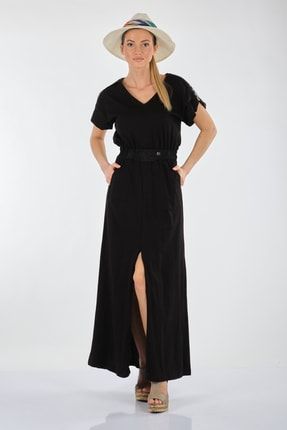 Unique Mode V Yaka Kol Detaylı Düşük Kol Siyah Kadın Elbise Us223005 US223005