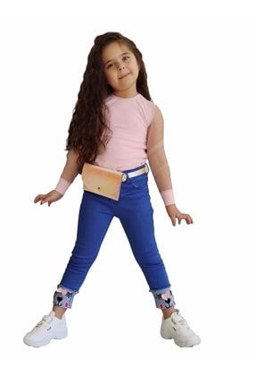 Kız Çocuk Kot Pantolon Kollar Tül Detaylı Bluz Kemer Çanta Kombin 0121YKCC