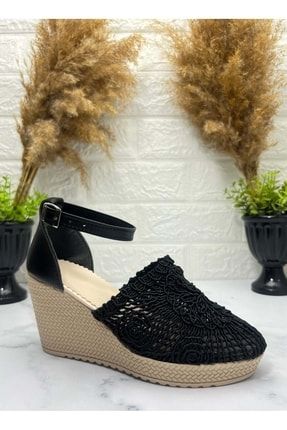 Siyah Kadın Triko Önü Kapalı Dolgu Topuklu Ayakkabı - Siyah - 40 BA04047