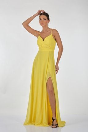 V Yaka Sırt Detaylı Sarı Kadın Elbise 221kb4056 221KB4056