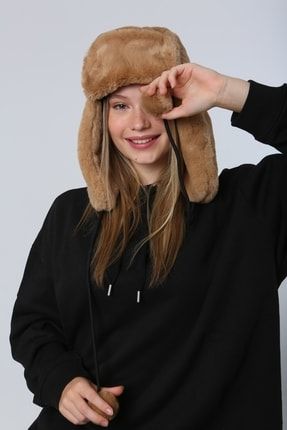 Camel Suni Kürklü Kulaklıklı Peluş Kadın Bere Şapka LP12749-01
