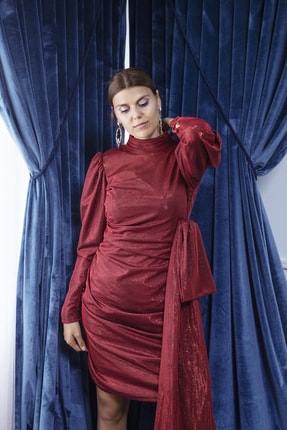 Kadın Bordo Uzun Kol Abiye Elbise ESESAB006