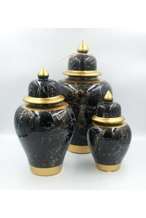 Dekoratif 3'lü Şah Küp Mermer Desen Siyah Altın KÜP05
