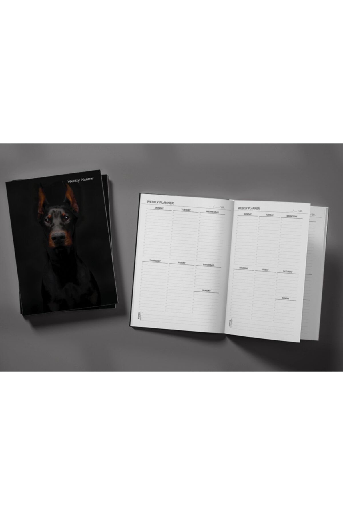 Pelikan Yayınları-Black Doberman Dog On A Black Background Weekly Planner & Notebook 2