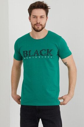 Erkek Yeşil Black Baskılı Slim Fit T-shirt ytsl077r03s YTSL077