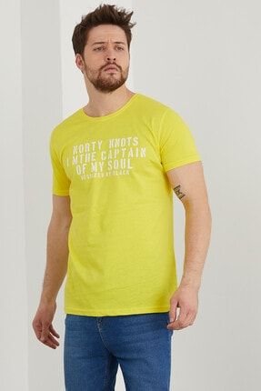 Erkek Sarı Baskılı Slim Fit T-shirt ytsl060r07s YTSL060