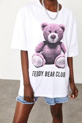 Kadın Beyaz Teddy Bear Baskılı Salaş T-Shirt 1KZK1-11552-01