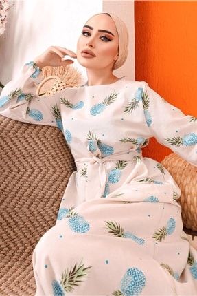 Kadın Mavi Ananas Desenli Keten Elbise 5152 22YELBTR5152