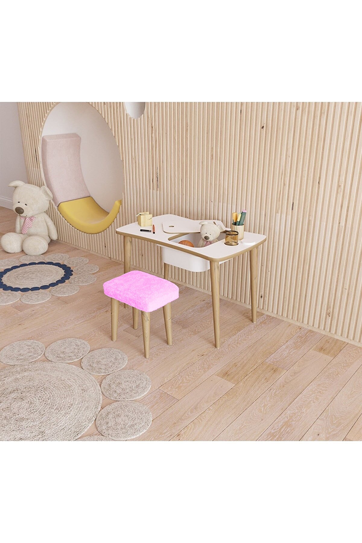 Children's Table Activity Table Desk Play Table with Pink Puff Stool