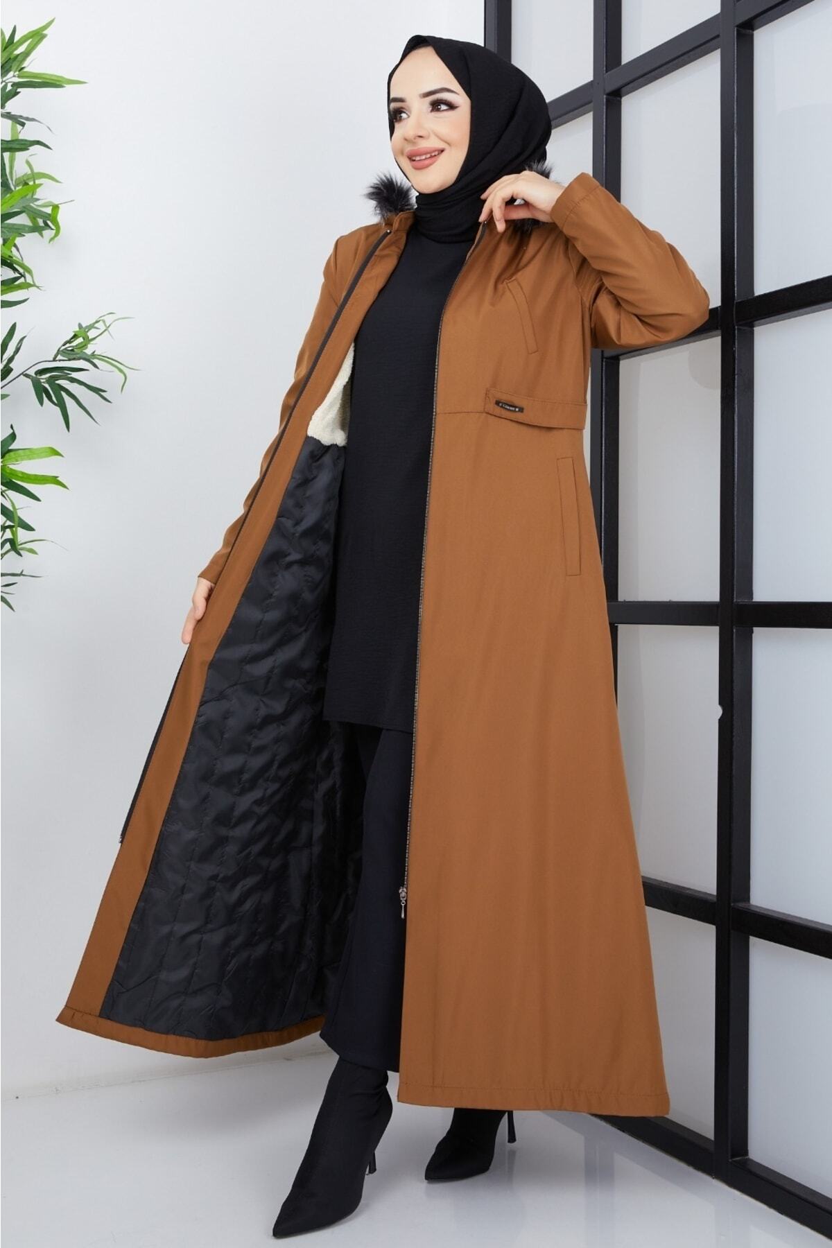 KMKkombin Kadın Büyük Beden Kapşonlu Içi Bele Kadar Kürklü Su Geçirmez Tesettür Pardesü & Mont