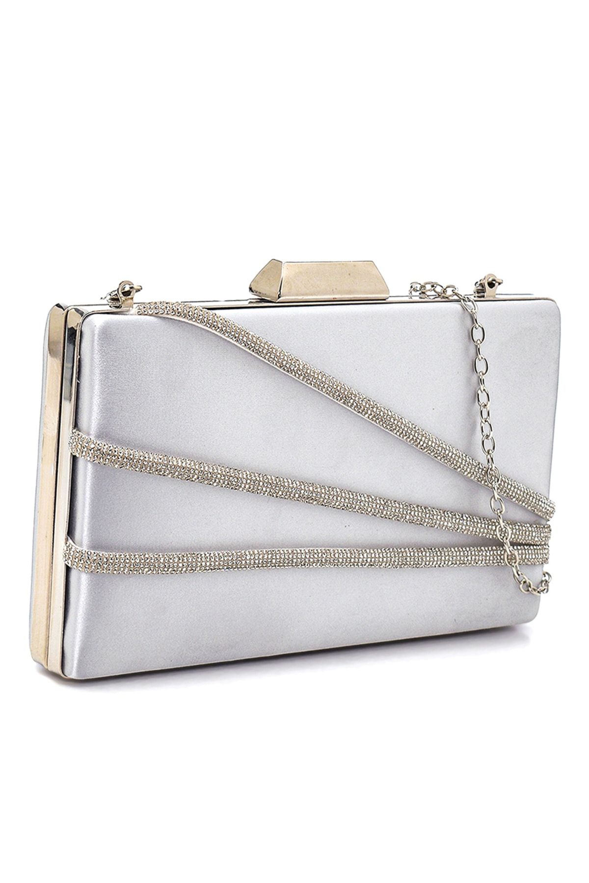 Rouge Paris Women s Shiny Satin 3 Stripe Row Stones Silver Evening Dress Clutch Portfolio Evening Bag