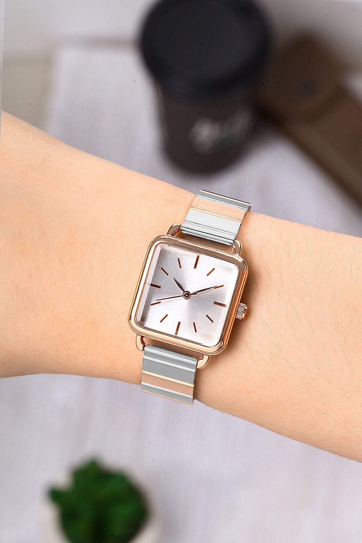 Newera Watch Metal Band Minimal Square Silver copper Women s