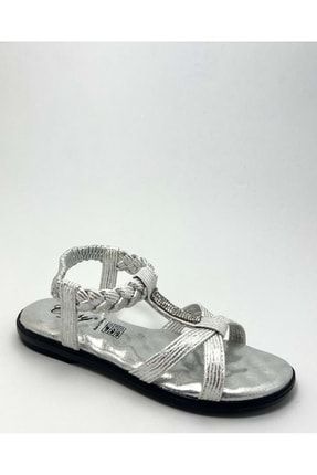 Gümüş Kadın Lastikli Taşlı Günlük Sandalet - Gümüş - 36 BA04011