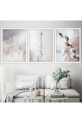 Beyaz Bitkiler Üçlü Çerçeve Ve Poster Seti - B1004 ARBOT123003