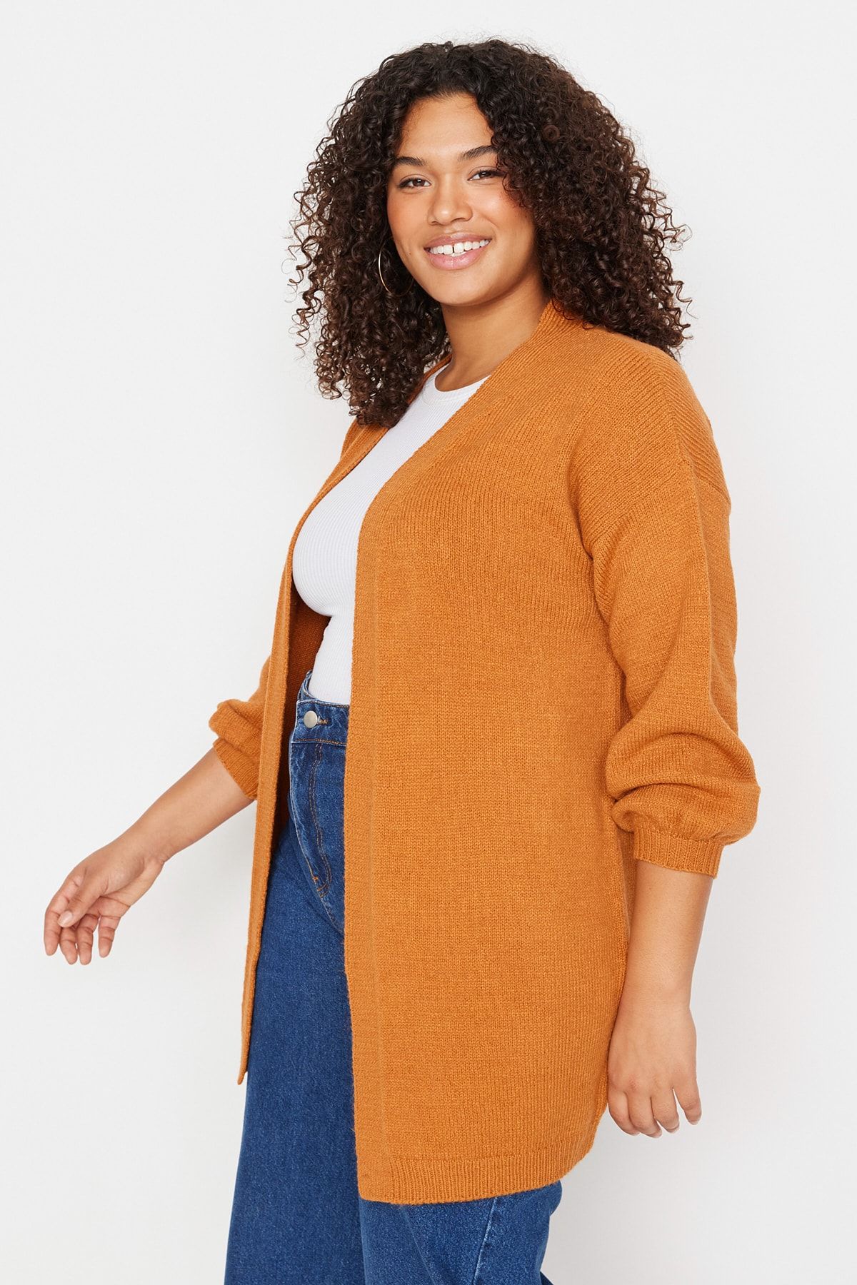 Curve Plus Size Cardigan - Brown - Fitted - Trendyol