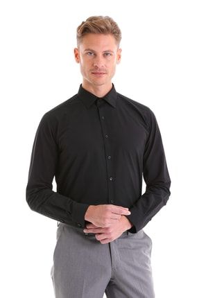 Erkek Siyah Slim Fit Pamuklu Uzun Kollu Gömlek 20D190000111