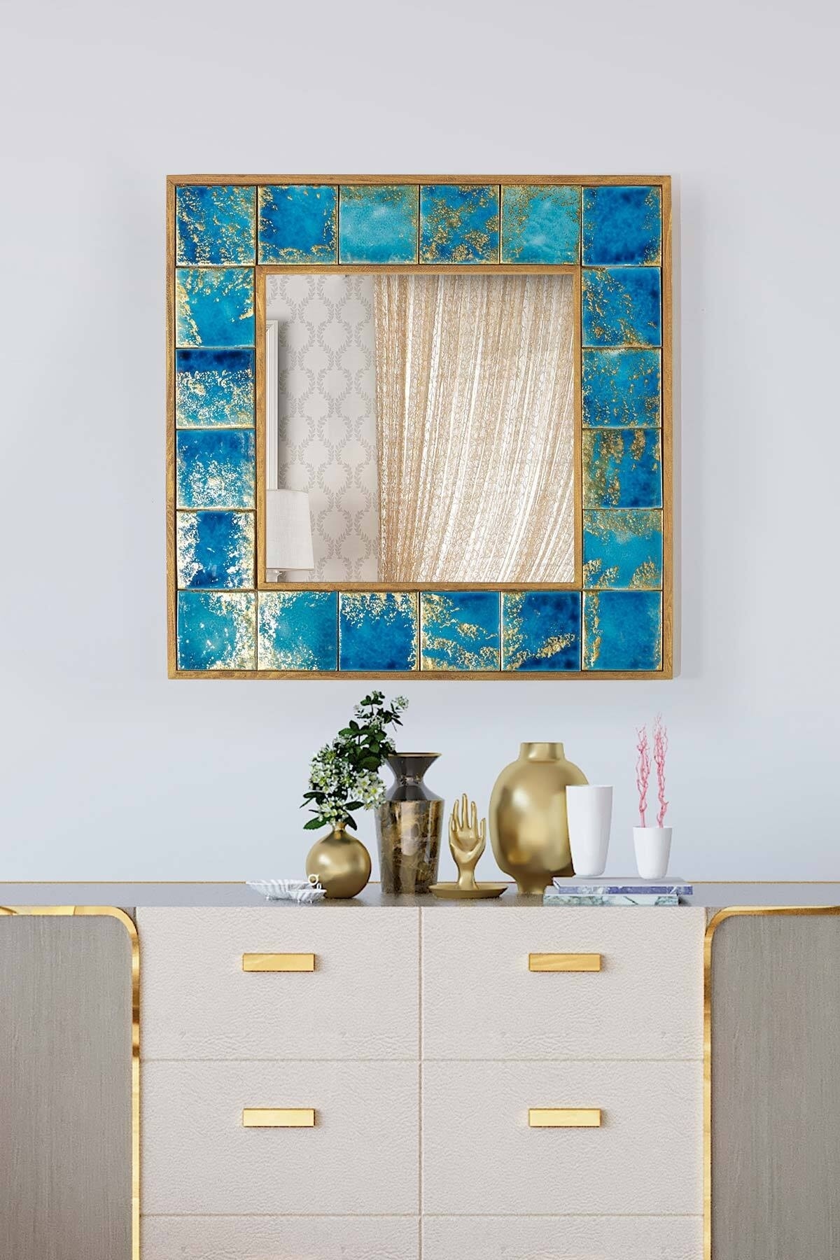 BlueHomeConcept Napoli Doğal Ağaç 60x60 Cm Çerçeveli El Yapımı Çini Seramik Kaplı Salon Duvar Konsol Boy Aynası