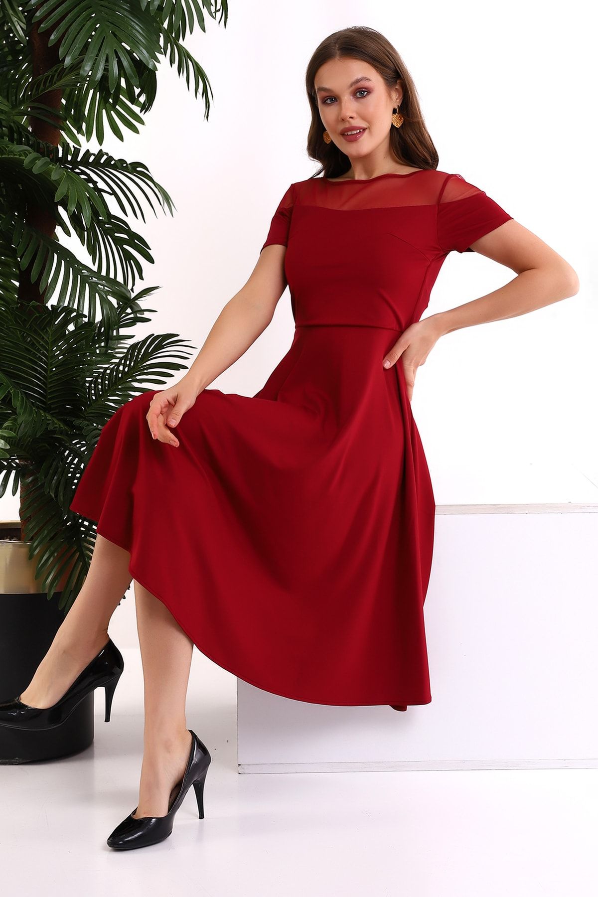 Bordo Omuzu Açık Yaka Elbise F127