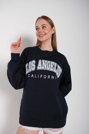 Kadın Lacivert Oversize Los Angeles Baskılı Sweatshirt TW-LOSANGLSSWT
