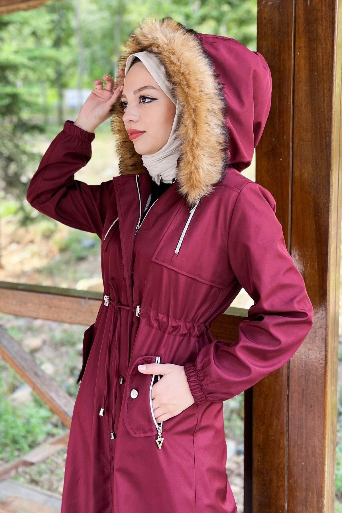 Modamihram-Hooded Zippered Coat Claret Red 10349 2