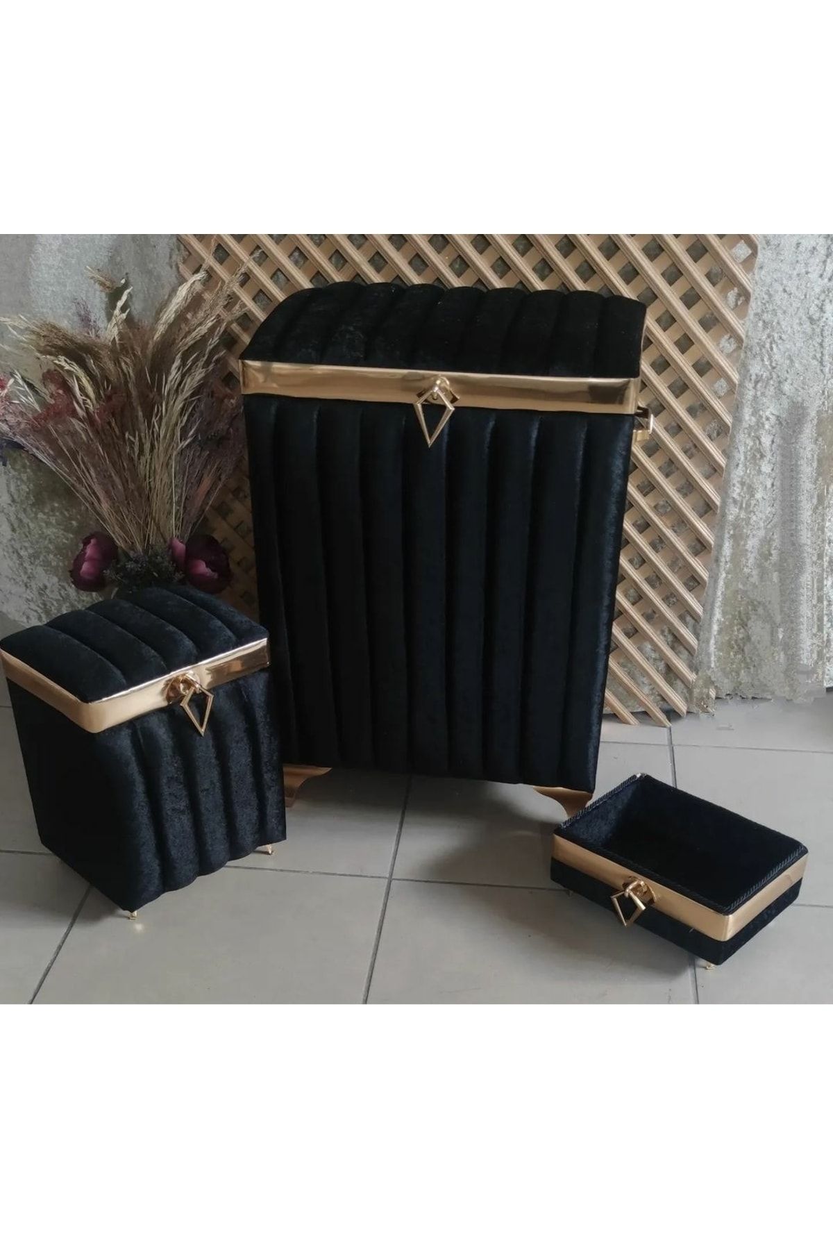 susluhomeatolyesi Kabak Desen Mdf Siyah Renk Gold Aksesuarlı 3 Lü Çamaşır Sepeti Banyo Seti 3 Lü Set