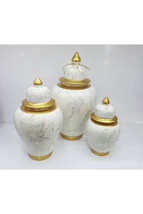 Seramik Dekoratif Altın Çizgi Mermer Desen Beyaz 3'lü Şah Küp zzz-9