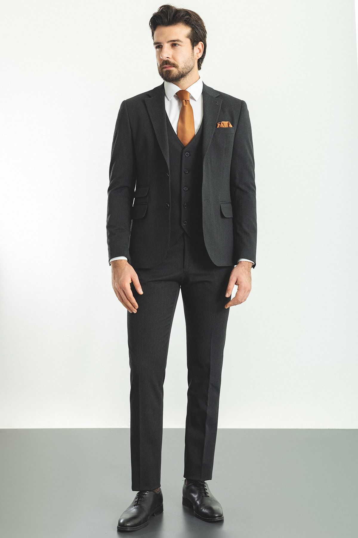 Mcr Düz Antrasit Rengi Slim Fit Mono Yaka Yün Erkek Takım Elbise