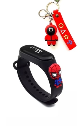 Eylemboutique 5atm Spiderman Dijital Led Çocuk Saati Ve Squid Game Anahtarlık Hediye