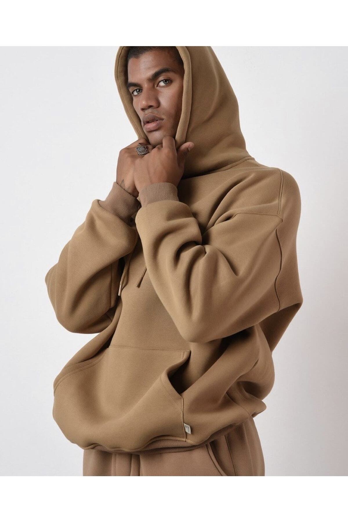 Hooded Unprinted Solid Color Winter 3 Thread Ribbed Oversize Sports Men's Tracksuit Set